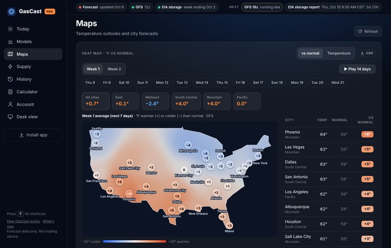 City heat map with smooth color across the US showing how much warmer or colder than normal each region will be